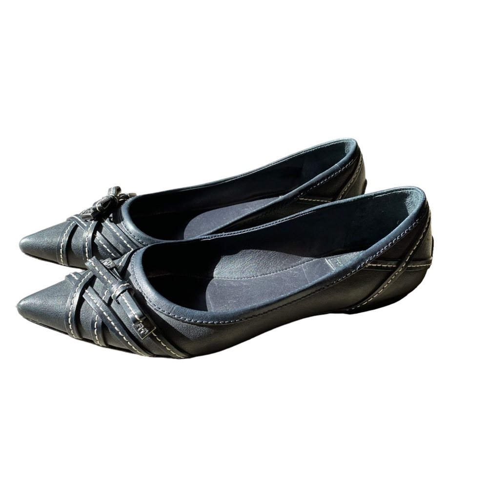 Tory Burch Navy Blue Pointed Toe Ballet Flat Shoes Leather Bow 10 Brazil